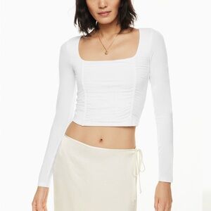 Aritzia White Ruched Square-Neck Long Sleeve Crop Top